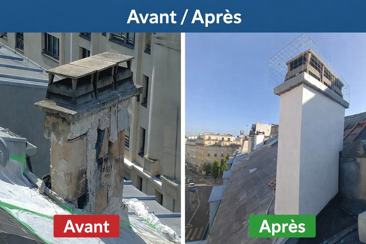 Réfection complète souche cheminée avec cage protection - Avant/Après