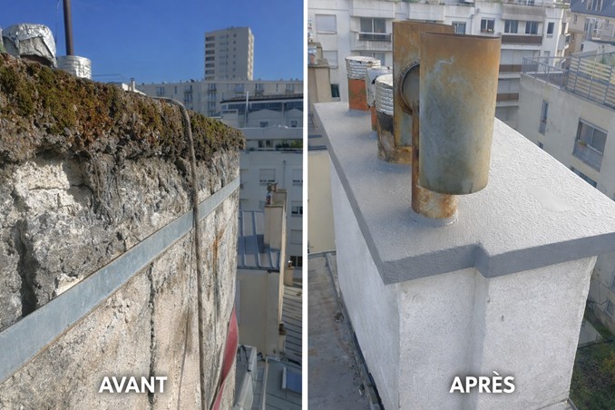 Réfection couronnement cheminée en façade - Avant/Après