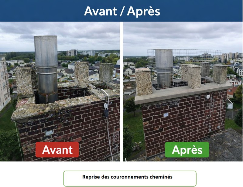 Réfection couronnement cheminée - Avant/Après